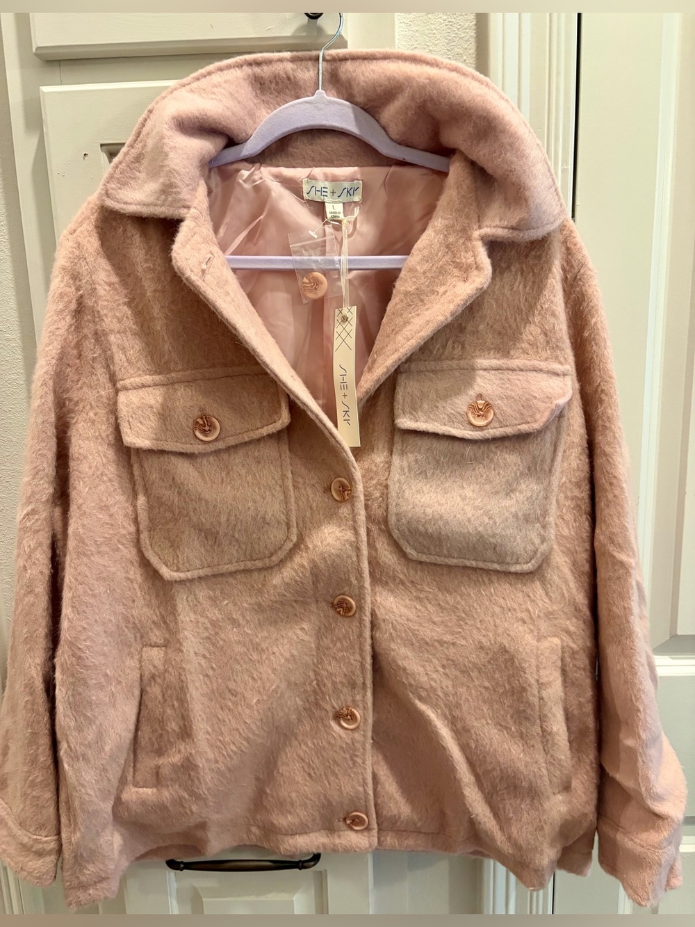 NWT SHE + SKY Blush Pink Wool-Blend Button Front Shacket. A teddy bear hug feel
